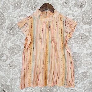 NWT Anthropologie THML Mock neck Ruffle Short sleeve Stripped Tank top S